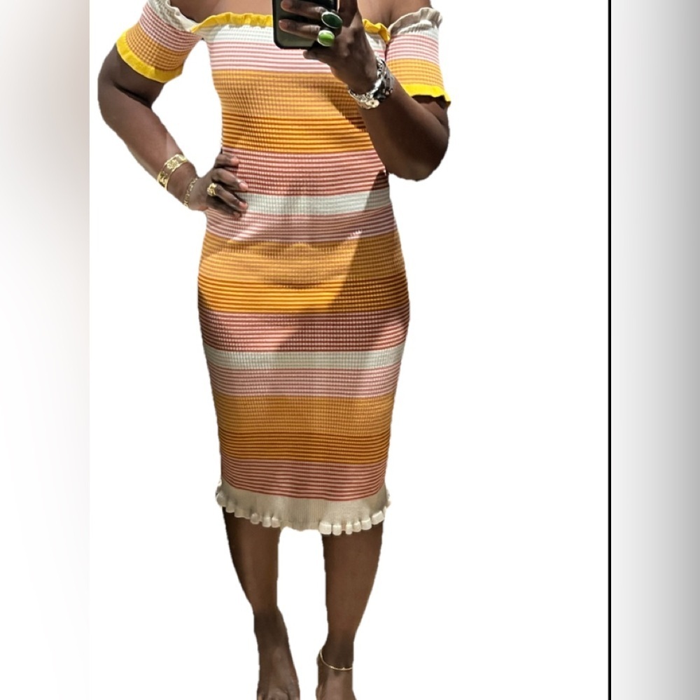 Dee Elly Striped Off-Shoulder Knit Dress